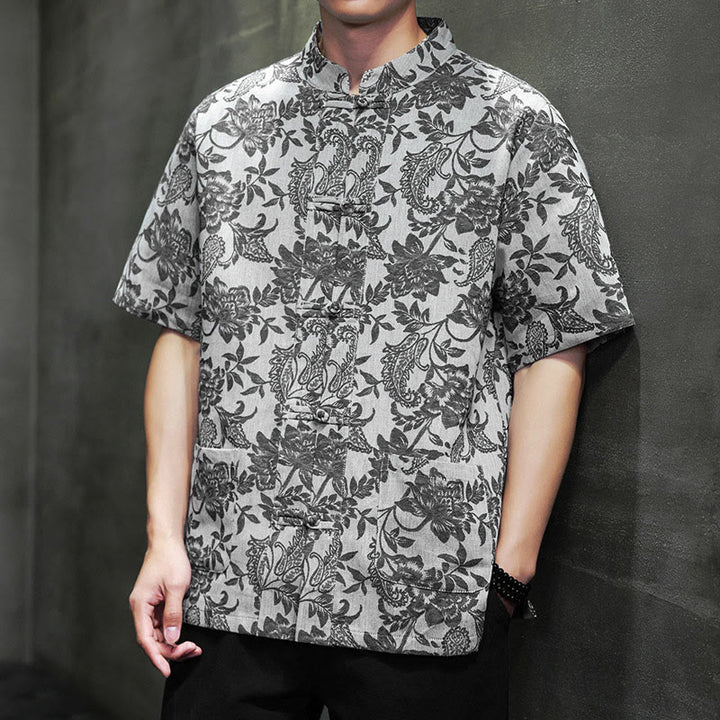 Buddha Stones Casual Jacquard Paisley Kwiat Roślinny Wzór Żabki-Guziki Męska Bawełniana Koszula Kardigan Z Kieszeniami