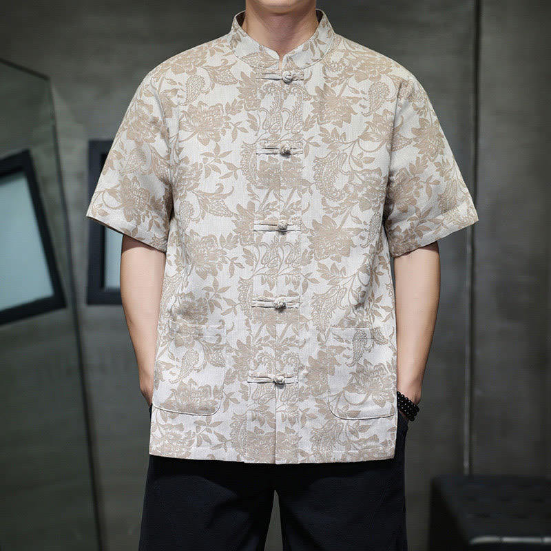 Buddha Stones Casual Jacquard Paisley Kwiat Roślinny Wzór Żabki-Guziki Męska Bawełniana Koszula Kardigan Z Kieszeniami