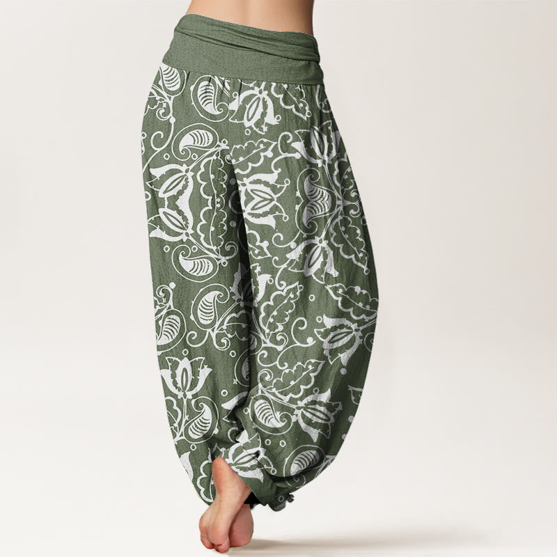 Buddha Stones Casual Roślinne Liście Paisley Vortex Wzór Damskie Elastyczne Spodnie Haremowe - image 3