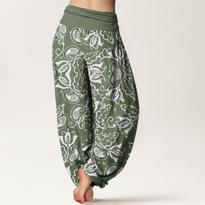 Buddha Stones Casual Roślinne Liście Paisley Vortex Wzór Damskie Elastyczne Spodnie Haremowe - image 3