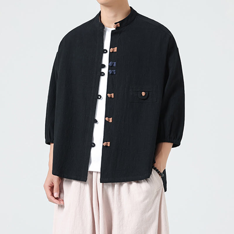 Koszula męska z bawełny Buddha Stones Summer Frog-Button Stand Collar z trzema czwartymi rękawami i kieszenią - image 10