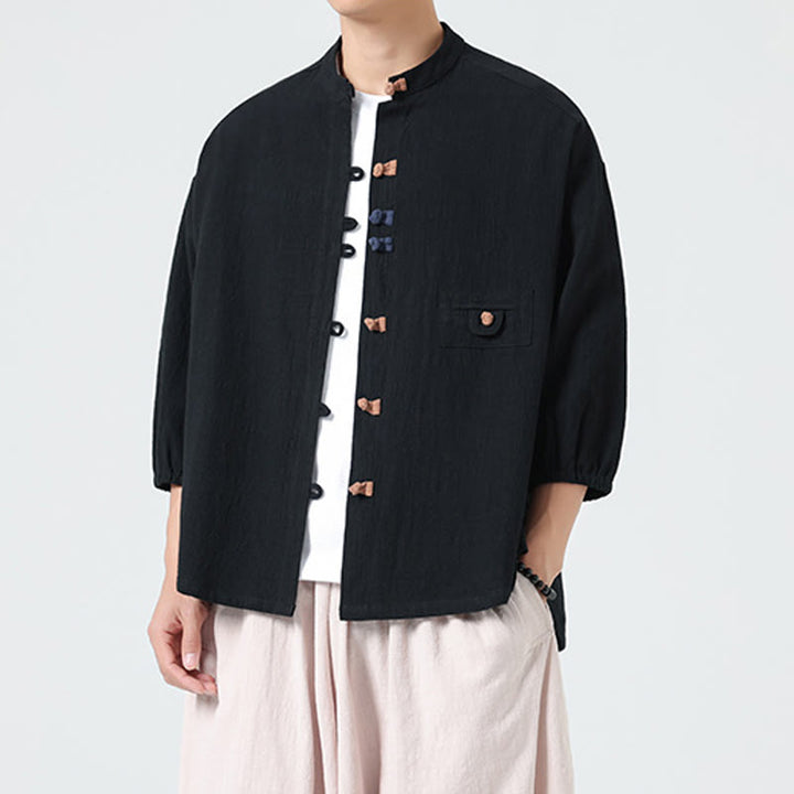 Koszula męska z bawełny Buddha Stones Summer Frog-Button Stand Collar z trzema czwartymi rękawami i kieszenią - image 10