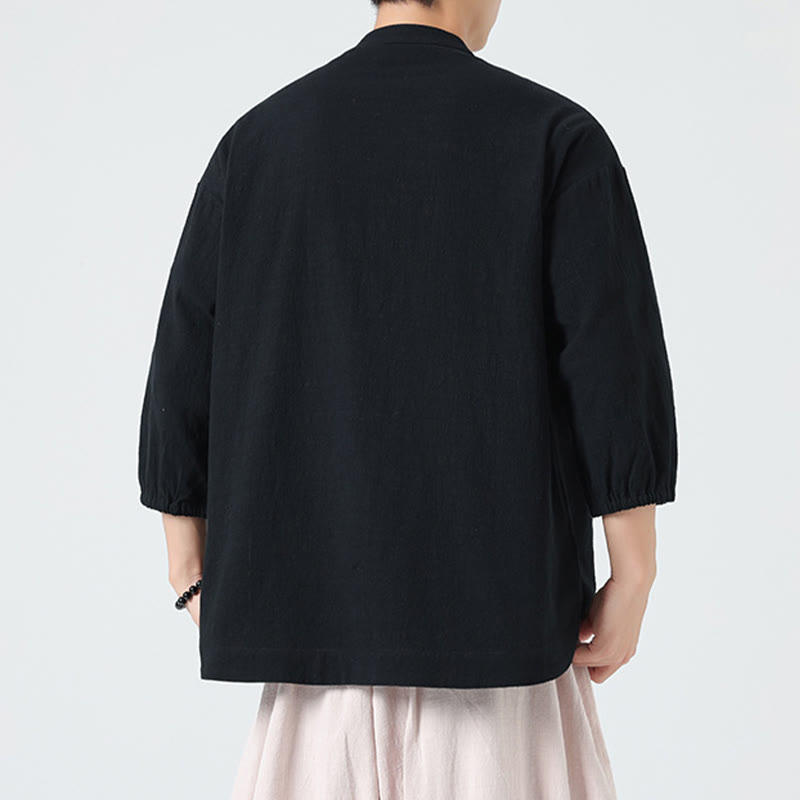 Koszula męska z bawełny Buddha Stones Summer Frog-Button Stand Collar z trzema czwartymi rękawami i kieszenią - image 15