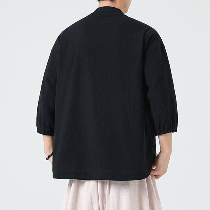 Koszula męska z bawełny Buddha Stones Summer Frog-Button Stand Collar z trzema czwartymi rękawami i kieszenią - image 15