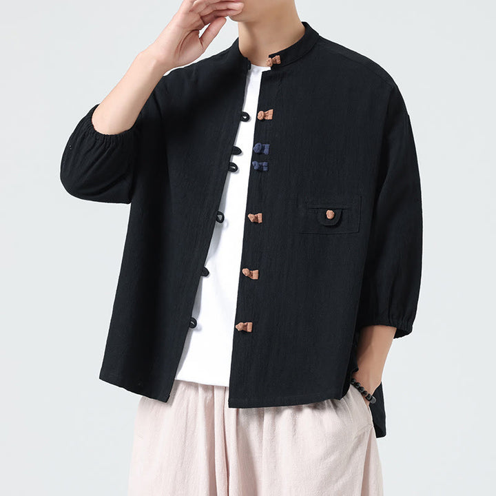 Koszula męska z bawełny Buddha Stones Summer Frog-Button Stand Collar z trzema czwartymi rękawami i kieszenią - Czarny - US/UK/AU46， EU56 (5XL) - image 9