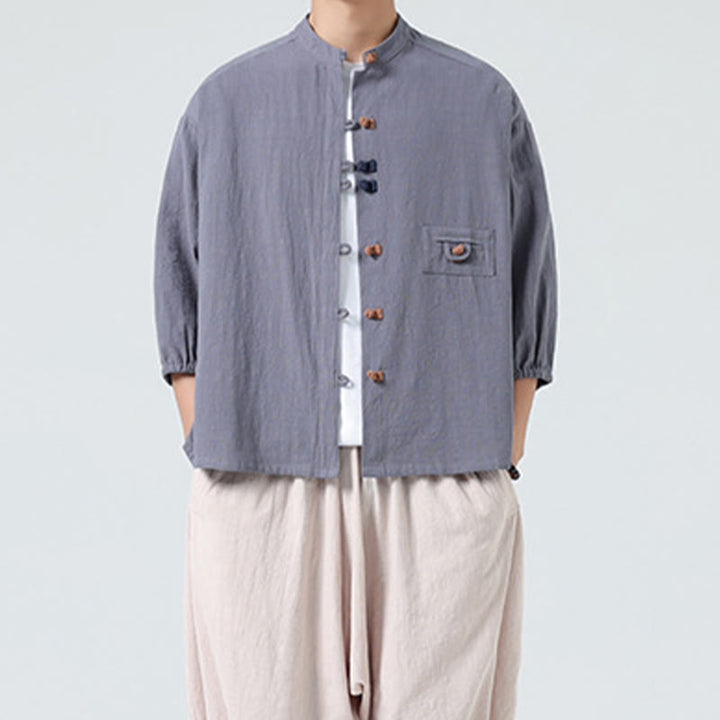 Koszula męska z bawełny Buddha Stones Summer Frog-Button Stand Collar z trzema czwartymi rękawami i kieszenią - image 24