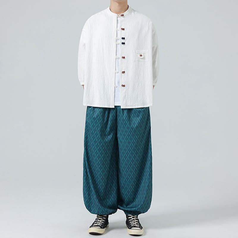 Koszula męska z bawełny Buddha Stones Summer Frog-Button Stand Collar z trzema czwartymi rękawami i kieszenią - image 6