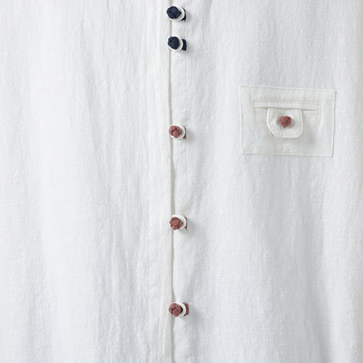 Koszula męska z bawełny Buddha Stones Summer Frog-Button Stand Collar z trzema czwartymi rękawami i kieszenią - image 7