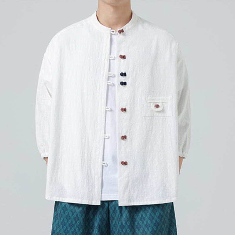 Koszula męska z bawełny Buddha Stones Summer Frog-Button Stand Collar z trzema czwartymi rękawami i kieszenią - image 4