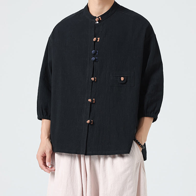 Koszula męska z bawełny Buddha Stones Summer Frog-Button Stand Collar z trzema czwartymi rękawami i kieszenią - image 12