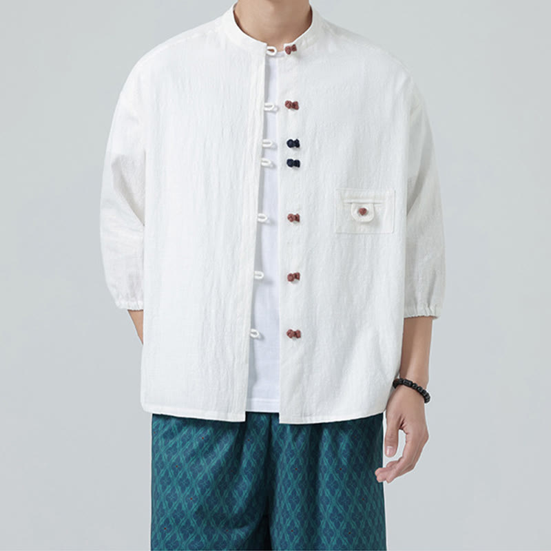 Koszula męska z bawełny Buddha Stones Summer Frog-Button Stand Collar z trzema czwartymi rękawami i kieszenią - image 2