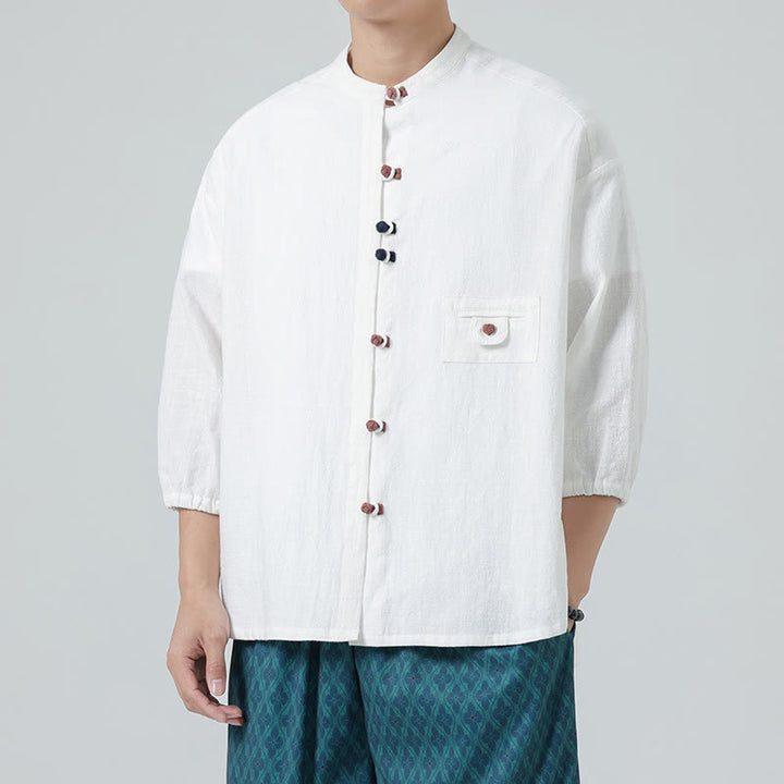 Koszula męska z bawełny Buddha Stones Summer Frog-Button Stand Collar z trzema czwartymi rękawami i kieszenią - image 3