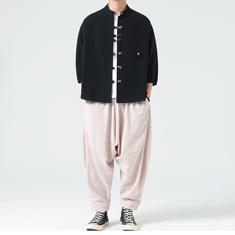 Koszula męska z bawełny Buddha Stones Summer Frog-Button Stand Collar z trzema czwartymi rękawami i kieszenią - image 17