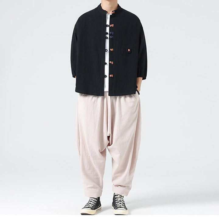 Koszula męska z bawełny Buddha Stones Summer Frog-Button Stand Collar z trzema czwartymi rękawami i kieszenią - image 17