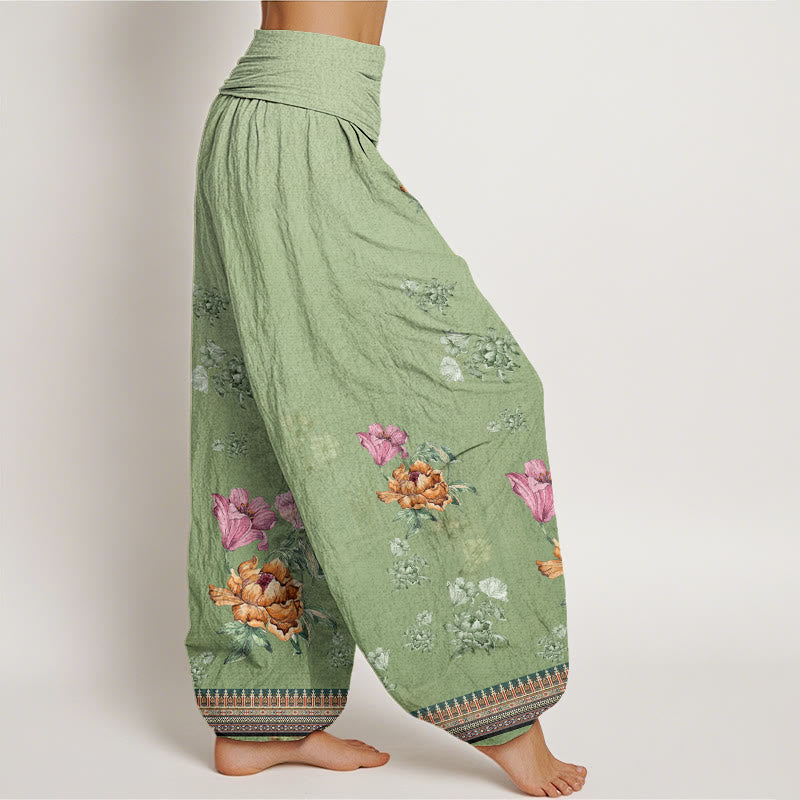 Buddha Stones Casual Roślina Peony Płatki Wzór Damskie Spodnie Harem Elastyczna Talia - image 2