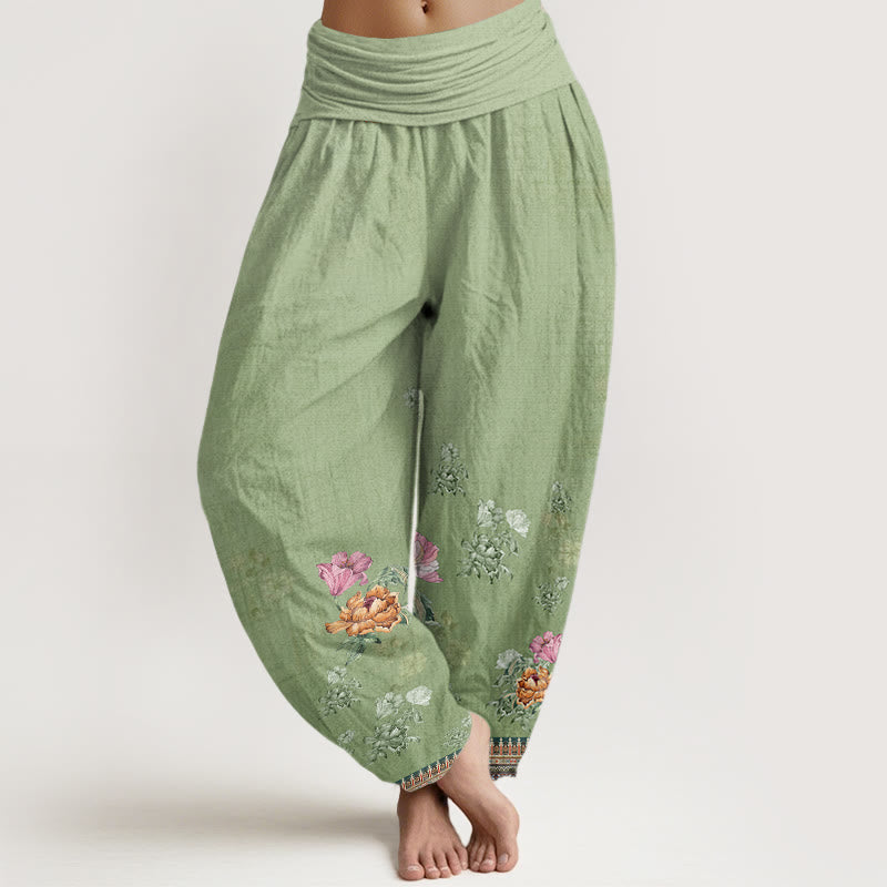 Buddha Stones Casual Roślina Peony Płatki Wzór Damskie Spodnie Harem Elastyczna Talia - Żółtozielony - US22, UK/AU26, EU54 (6XL) - image 1