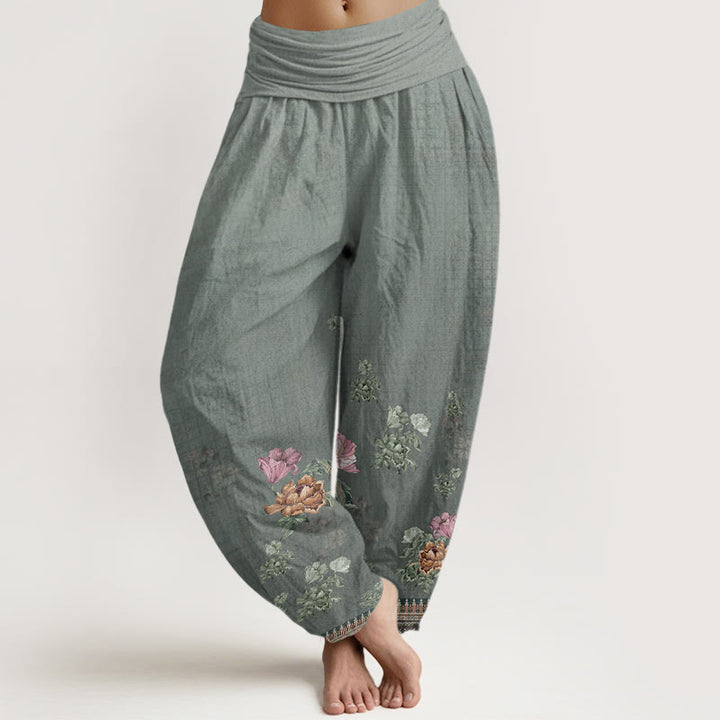 Buddha Stones Casual Roślina Peony Płatki Wzór Damskie Spodnie Harem Elastyczna Talia - Ciemnoszary - US22, UK/AU26, EU54 (6XL) - image 5