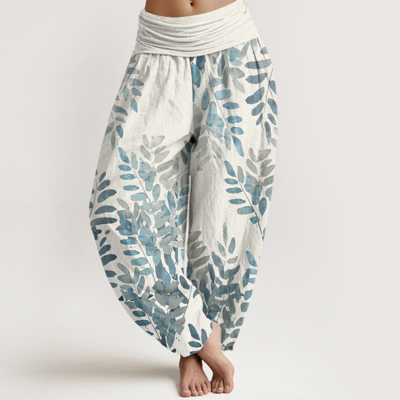 Buddha Stones Casual Roślina Przeplatane Liście Wzór Damskie Spodnie Harem Elastyczna Talia - Kość słoniowa - US22, UK/AU26, EU54 (6XL) - image 7