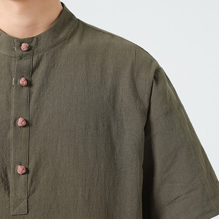 Koszula męska z krótkim rękawem bawełniana z kieszenią i kołnierzykiem stojącym w stylu casual z Buddha Stones i guzikami żaby - image 28