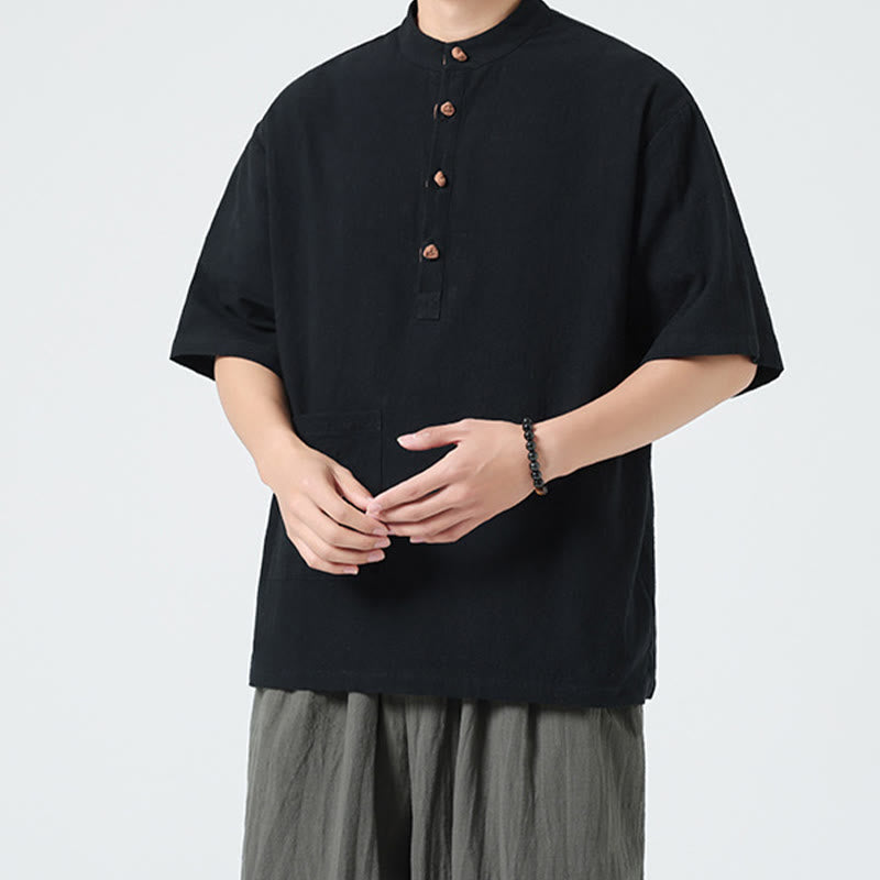 Koszula męska z krótkim rękawem bawełniana z kieszenią i kołnierzykiem stojącym w stylu casual z Buddha Stones i guzikami żaby