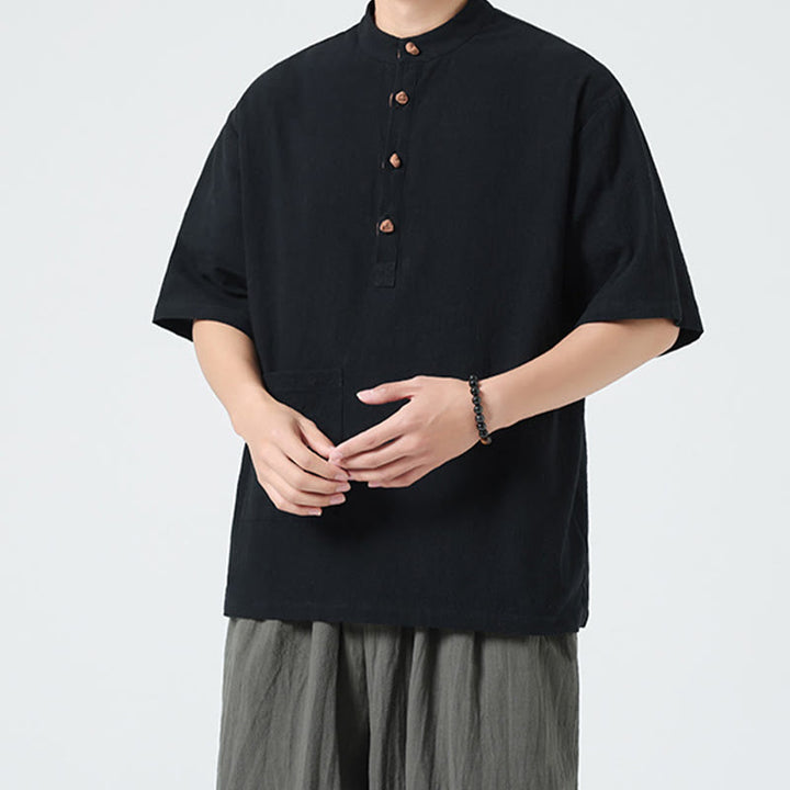 Koszula męska z krótkim rękawem bawełniana z kieszenią i kołnierzykiem stojącym w stylu casual z Buddha Stones i guzikami żaby