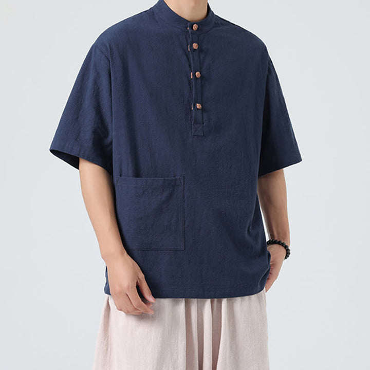 Koszula męska z krótkim rękawem bawełniana z kieszenią i kołnierzykiem stojącym w stylu casual z Buddha Stones i guzikami żaby