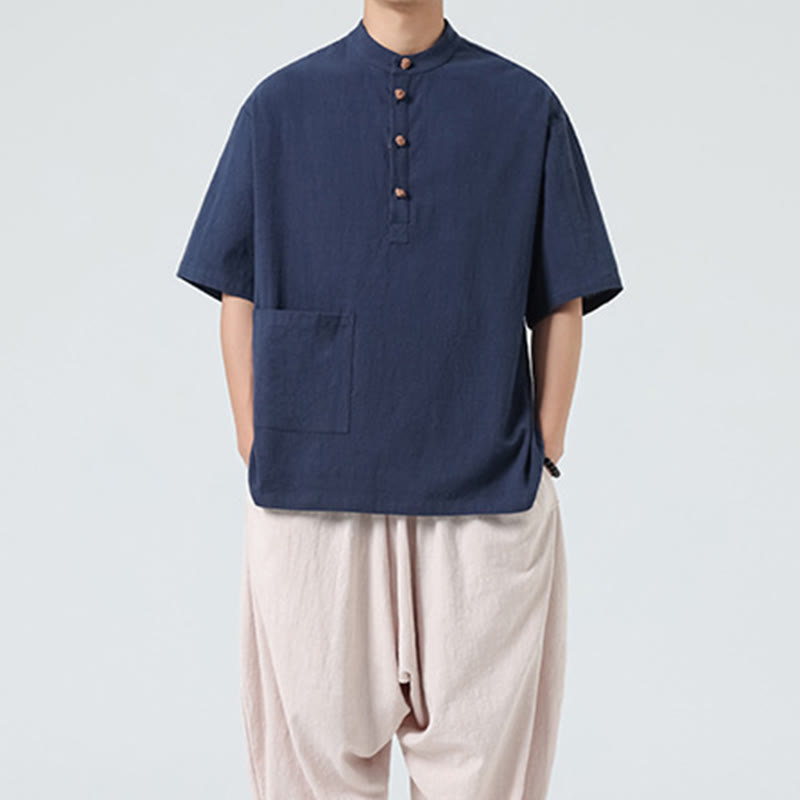 Koszula męska z krótkim rękawem bawełniana z kieszenią i kołnierzykiem stojącym w stylu casual z Buddha Stones i guzikami żaby