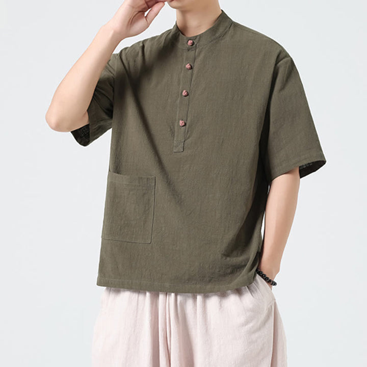 Koszula męska z krótkim rękawem bawełniana z kieszenią i kołnierzykiem stojącym w stylu casual z Buddha Stones i guzikami żaby