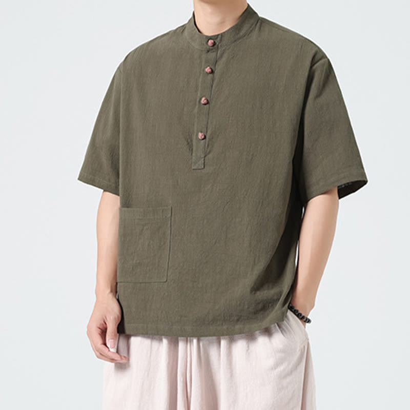 Koszula męska z krótkim rękawem bawełniana z kieszenią i kołnierzykiem stojącym w stylu casual z Buddha Stones i guzikami żaby
