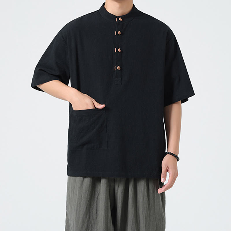 Koszula męska z krótkim rękawem bawełniana z kieszenią i kołnierzykiem stojącym w stylu casual z Buddha Stones i guzikami żaby