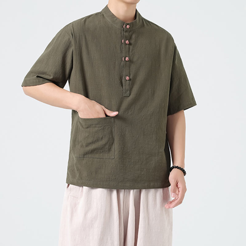 Koszula męska z krótkim rękawem bawełniana z kieszenią i kołnierzykiem stojącym w stylu casual z Buddha Stones i guzikami żaby
