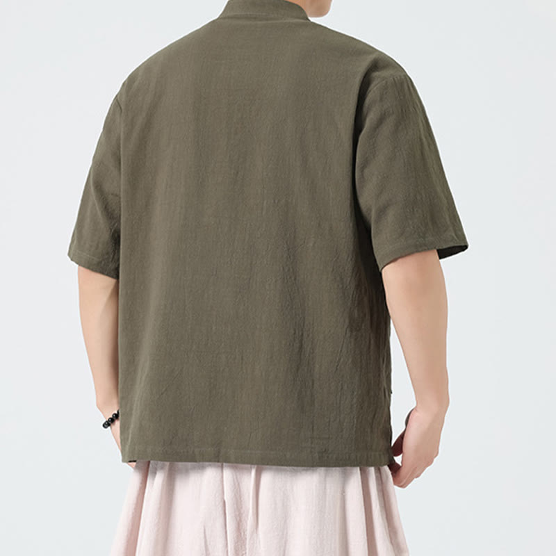 Koszula męska z krótkim rękawem bawełniana z kieszenią i kołnierzykiem stojącym w stylu casual z Buddha Stones i guzikami żaby