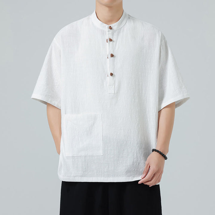Koszula męska z krótkim rękawem bawełniana z kieszenią i kołnierzykiem stojącym w stylu casual z Buddha Stones i guzikami żaby