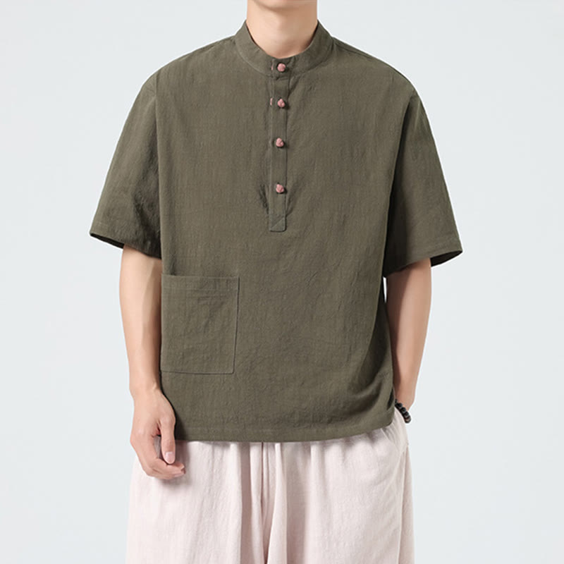 Koszula męska z krótkim rękawem bawełniana z kieszenią i kołnierzykiem stojącym w stylu casual z Buddha Stones i guzikami żaby