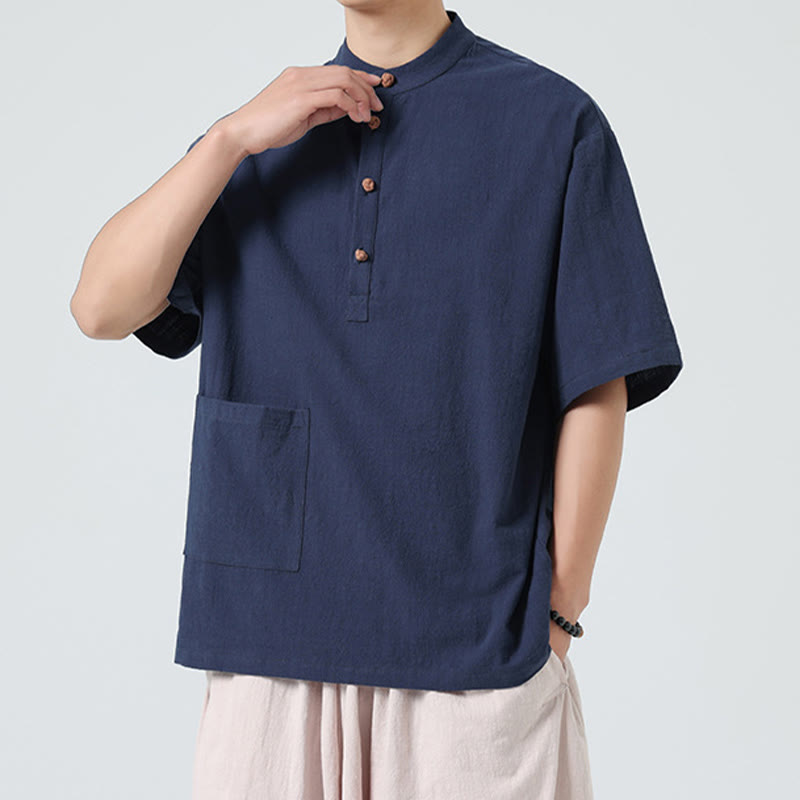 Koszula męska z krótkim rękawem bawełniana z kieszenią i kołnierzykiem stojącym w stylu casual z Buddha Stones i guzikami żaby - image 3