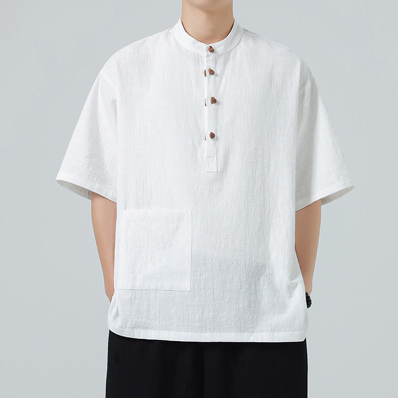 Koszula męska z krótkim rękawem bawełniana z kieszenią i kołnierzykiem stojącym w stylu casual z Buddha Stones i guzikami żaby