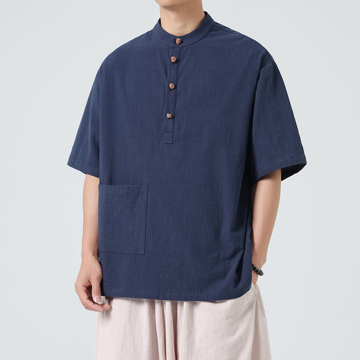 Koszula męska z krótkim rękawem bawełniana z kieszenią i kołnierzykiem stojącym w stylu casual z Buddha Stones i guzikami żaby - Marynarka wojenna - US/UK/AU46， EU56 (5XL) - image 0