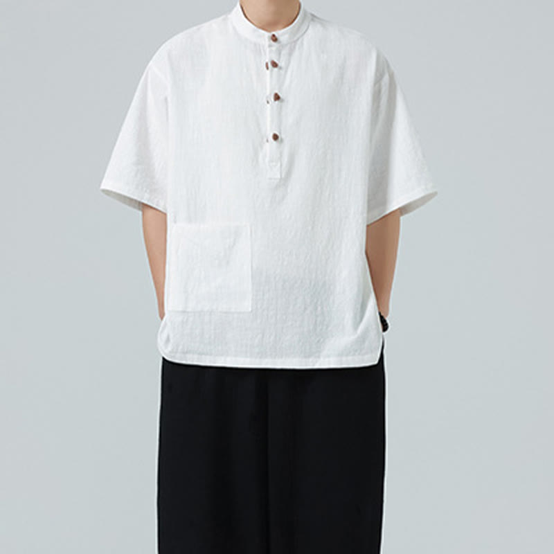 Koszula męska z krótkim rękawem bawełniana z kieszenią i kołnierzykiem stojącym w stylu casual z Buddha Stones i guzikami żaby - image 20