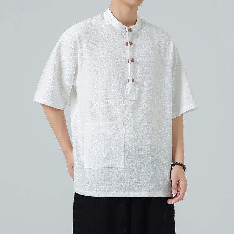 Koszula męska z krótkim rękawem bawełniana z kieszenią i kołnierzykiem stojącym w stylu casual z Buddha Stones i guzikami żaby
