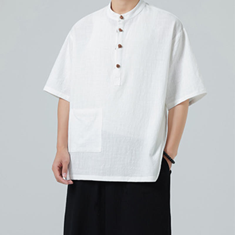 Koszula męska z krótkim rękawem bawełniana z kieszenią i kołnierzykiem stojącym w stylu casual z Buddha Stones i guzikami żaby