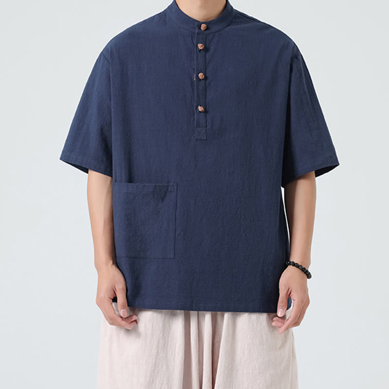 Koszula męska z krótkim rękawem bawełniana z kieszenią i kołnierzykiem stojącym w stylu casual z Buddha Stones i guzikami żaby - image 5
