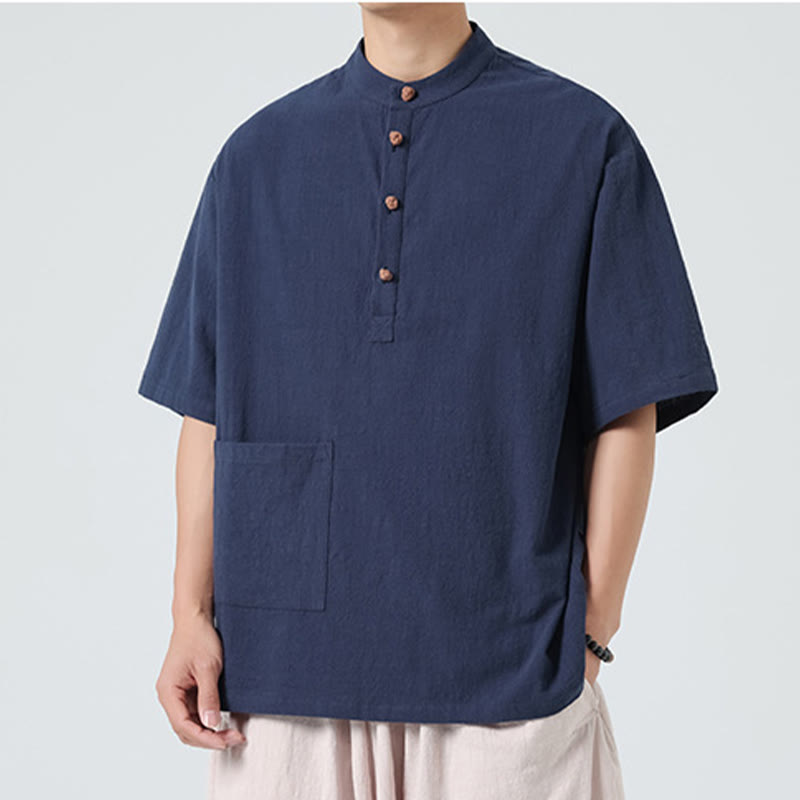 Koszula męska z krótkim rękawem bawełniana z kieszenią i kołnierzykiem stojącym w stylu casual z Buddha Stones i guzikami żaby
