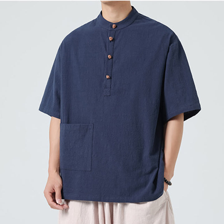 Koszula męska z krótkim rękawem bawełniana z kieszenią i kołnierzykiem stojącym w stylu casual z Buddha Stones i guzikami żaby