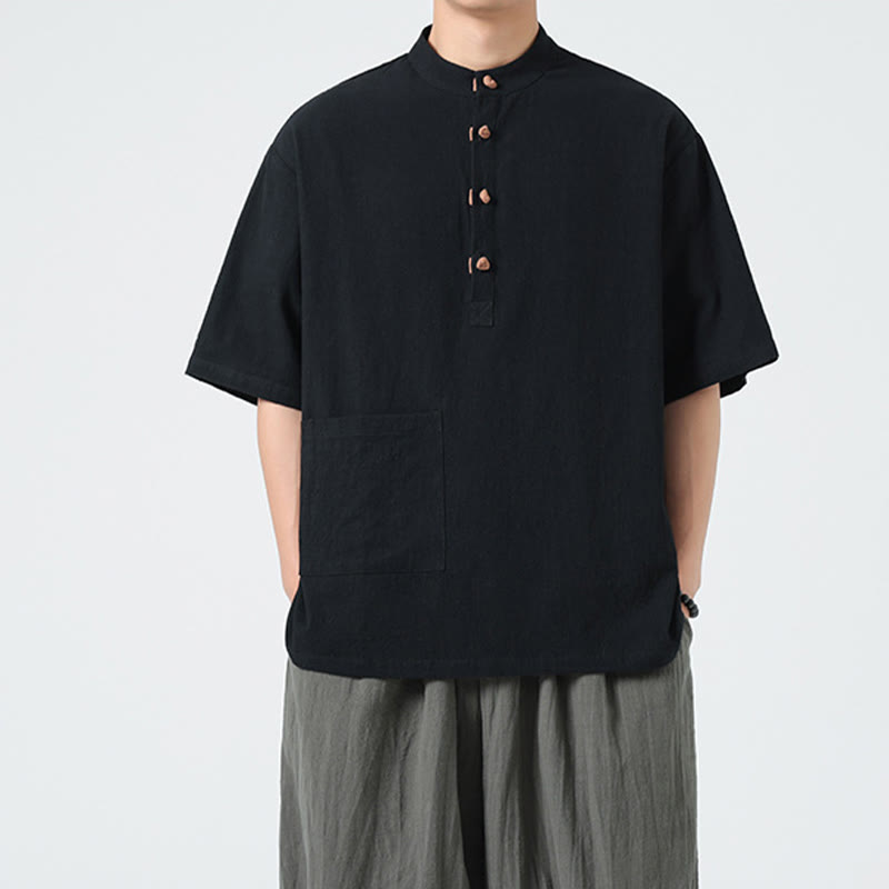 Koszula męska z krótkim rękawem bawełniana z kieszenią i kołnierzykiem stojącym w stylu casual z Buddha Stones i guzikami żaby