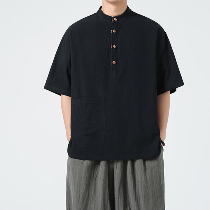 Koszula męska z krótkim rękawem bawełniana z kieszenią i kołnierzykiem stojącym w stylu casual z Buddha Stones i guzikami żaby