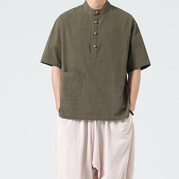 Koszula męska z krótkim rękawem bawełniana z kieszenią i kołnierzykiem stojącym w stylu casual z Buddha Stones i guzikami żaby