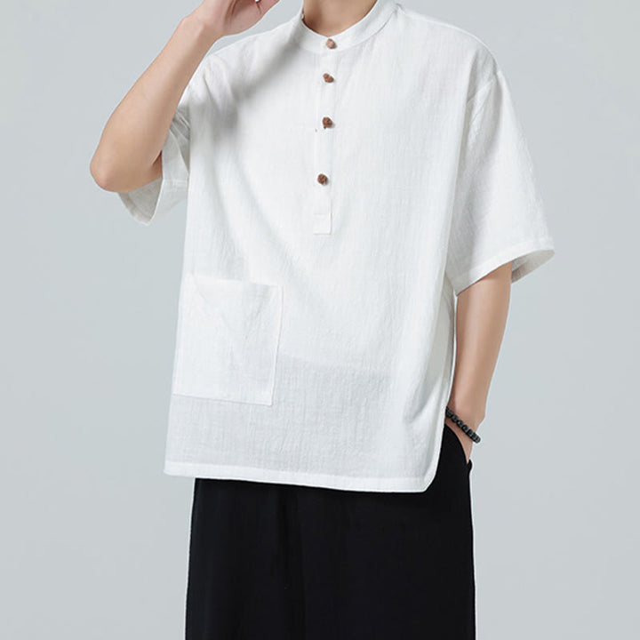 Koszula męska z krótkim rękawem bawełniana z kieszenią i kołnierzykiem stojącym w stylu casual z Buddha Stones i guzikami żaby - image 19