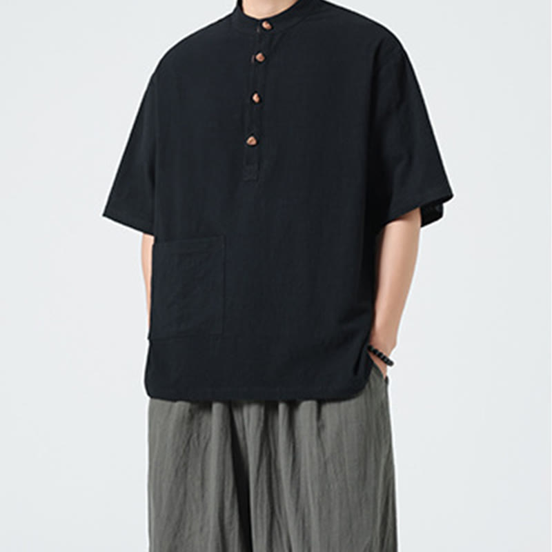 Koszula męska z krótkim rękawem bawełniana z kieszenią i kołnierzykiem stojącym w stylu casual z Buddha Stones i guzikami żaby - image 10