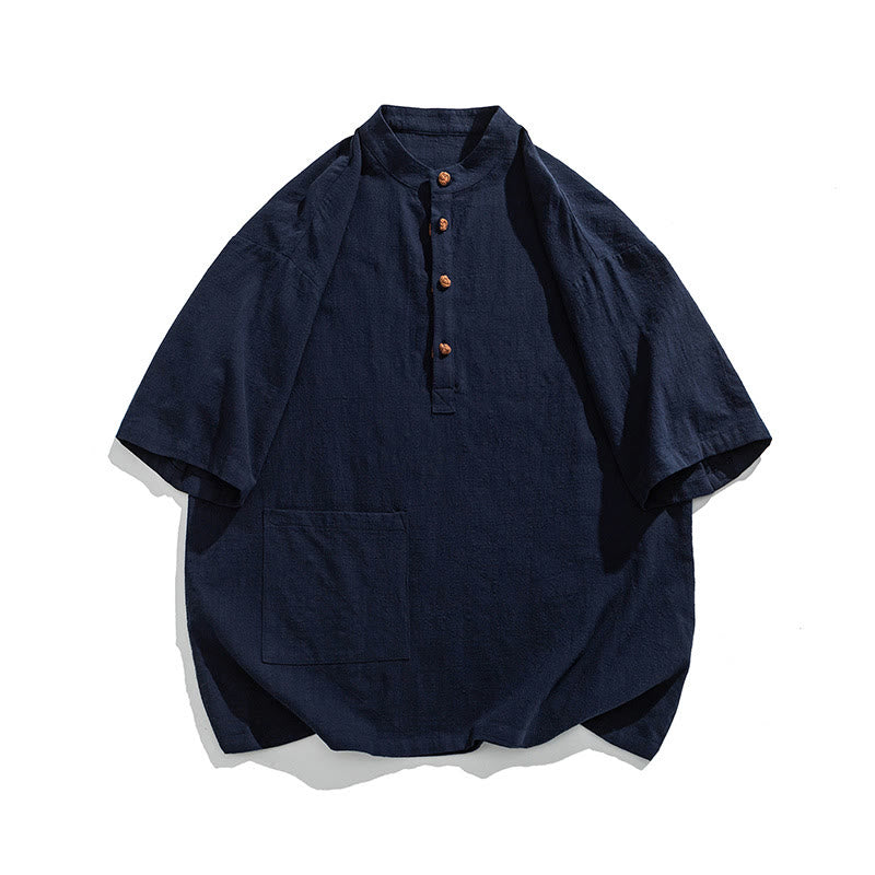 Koszula męska z krótkim rękawem bawełniana z kieszenią i kołnierzykiem stojącym w stylu casual z Buddha Stones i guzikami żaby - image 8