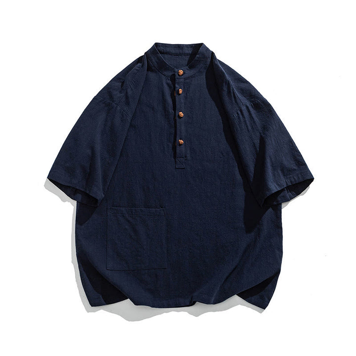 Koszula męska z krótkim rękawem bawełniana z kieszenią i kołnierzykiem stojącym w stylu casual z Buddha Stones i guzikami żaby - image 8